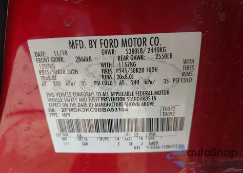 2011 Ford Edge Limited z USA, uszkodzony, nr VIN 2FMDK3KC9BBA53104